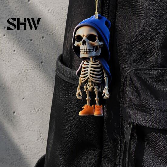 Creative Halloween Party Favors 2Pcs Hoodie Skeleton Ornaments, 2D Flat Acrylic Pendants, Gothic Car Rearview Mirror Hanging Ornament Style Ornaments