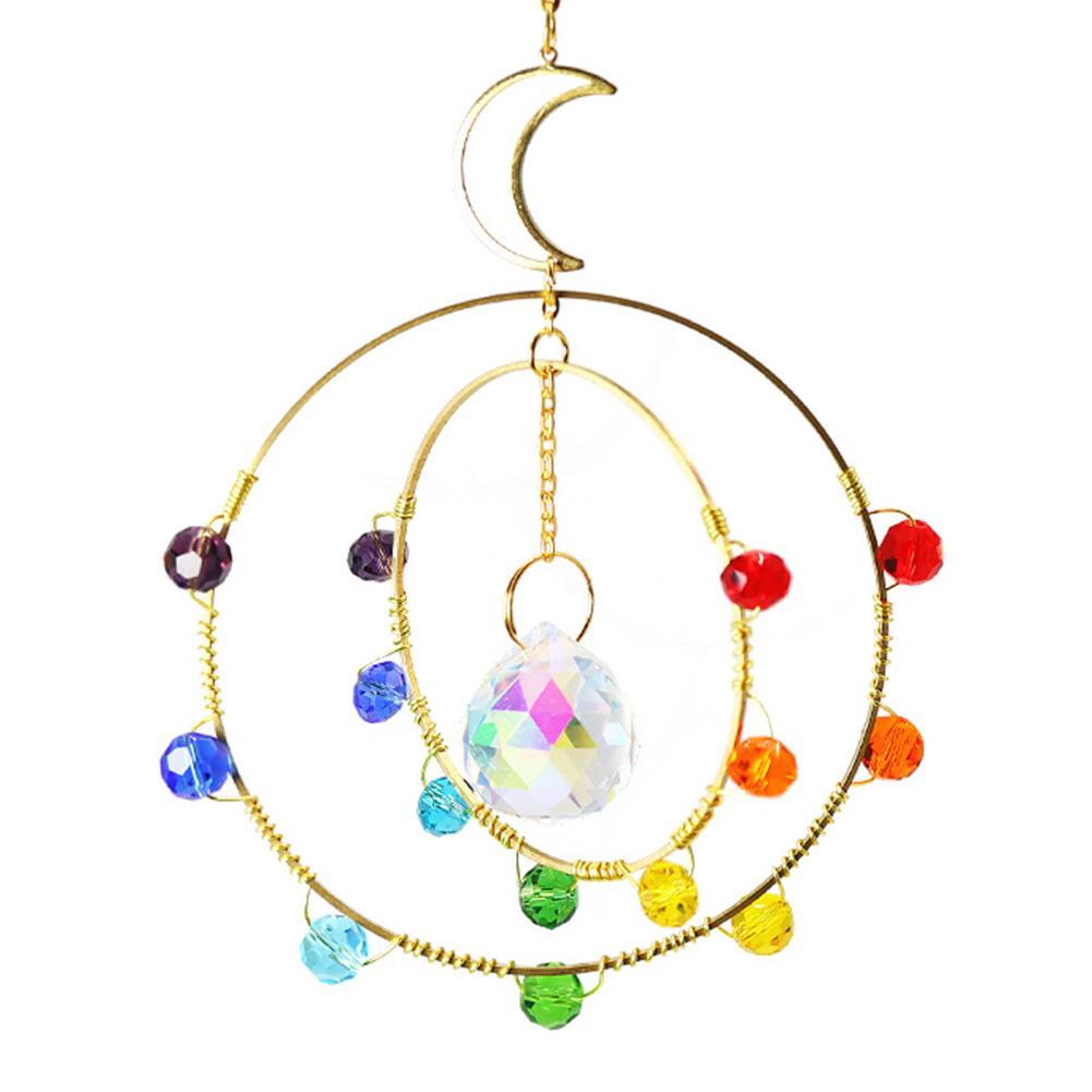 Crystal Sun Moon Wind Chime Sunlight Catcher Colorful Beads Round Border Indoor Bedroom Baby Room Ornament Decor