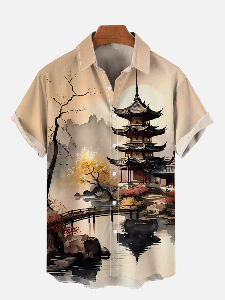Men's Shirt Chinese Landscape Bamboo 1D Printing Short Sleeve Ethnic Style Single Breasted Source Factory