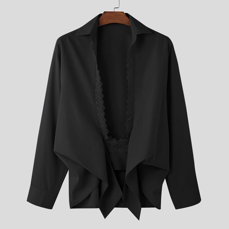 INCERUN Mens Deep V Neck Lace Hem Long Sleeve Irregular Bow Knot Loose Shirts Tops