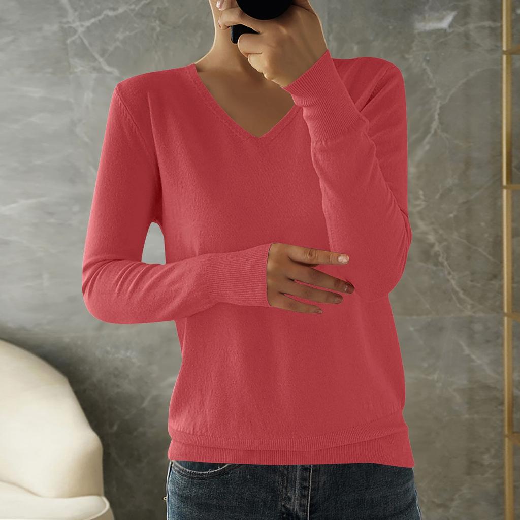 Women's Fashion Loose Knit Sweater Bottom Shirt V-Neck Pullover Long Sleeve Solid Color Top