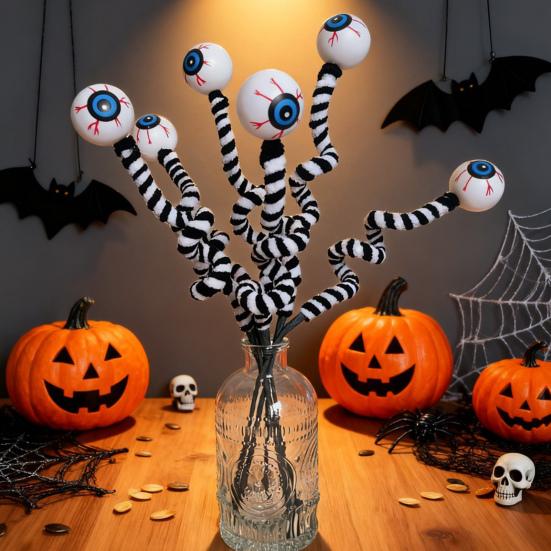 Хэллоуин Пики-глаза 15 дюймов Искусственные глазные яблоки Флористические пики Реалистичные Страшные Черно-белые полосатые Плюшевые ветки Декор для цветочной композиции Вечеринка