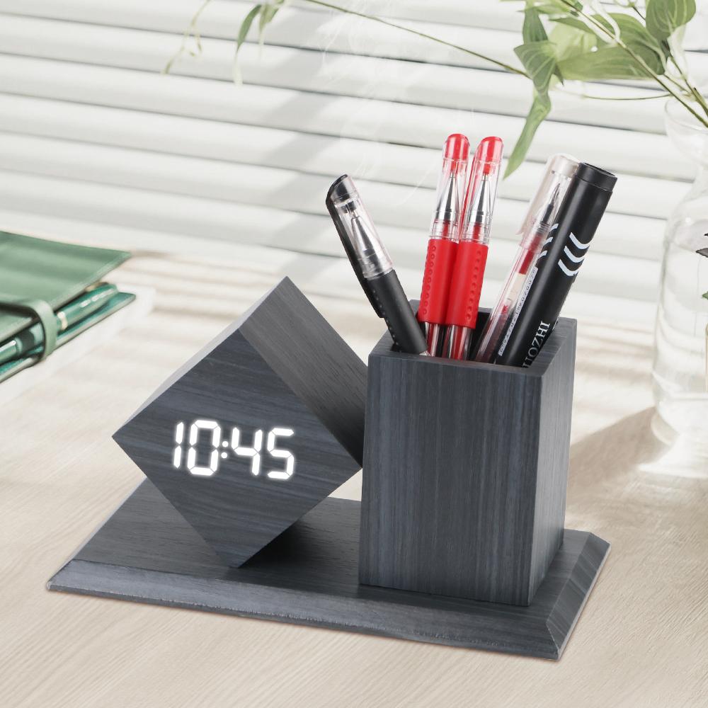 Будильник с температурой светодиодные часы держатель ручки голосовое управление деревянные студенческие светодиодные цифровые на батарейках офисное украшение