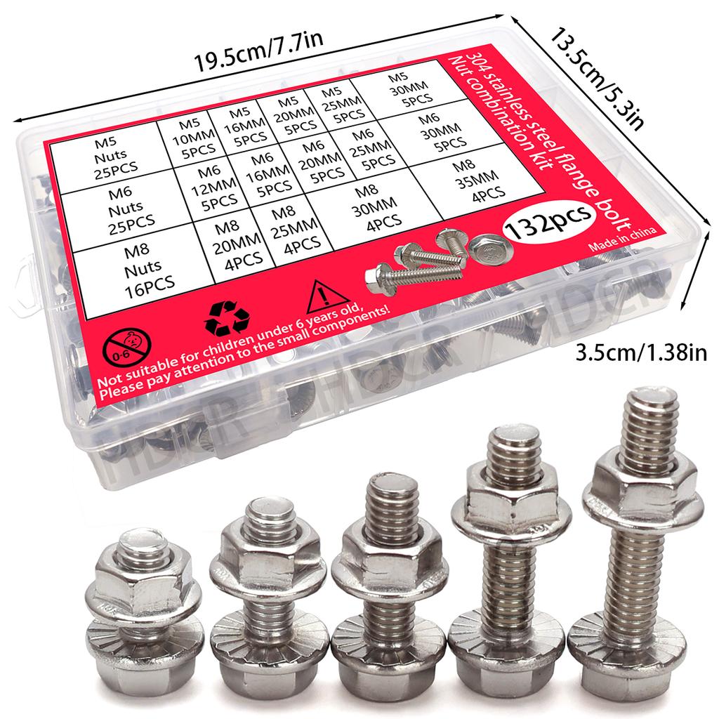 132pcs stainless steel hexagonal flange bolt and nut set, M5, M6, M8 flange bolts and nuts, flange plate, for DIY projects.