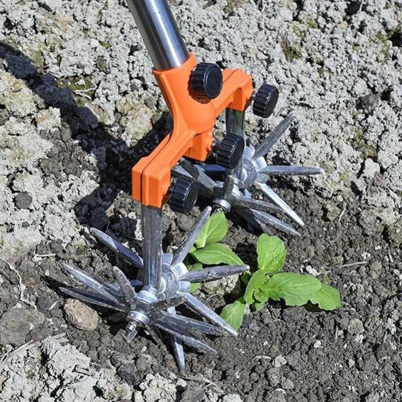 Manual Rotary Cultivator Tool Stainless Steel Teeth Adjustable Handle Garden Hand Tiller For Lawn