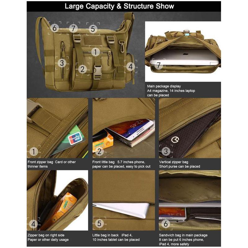 14-дюймовая сумка через плечо для ноутбука формата А4, военная тактическая военная сумка-мессенджер Molle, спортивная сумка через плечо