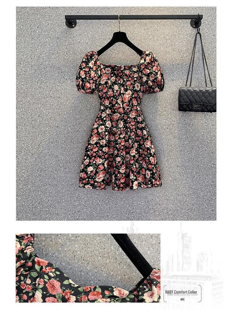 Платье размера плюс 2023 с французским цветочным принтом и пышными рукавами: Утягивающий, квадратный вырез, летний стиль