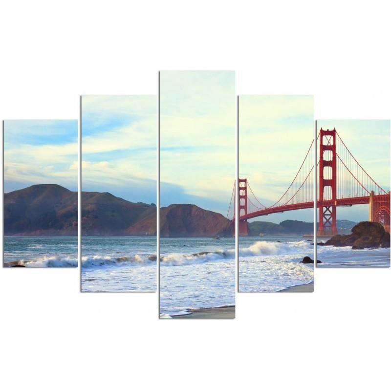 Feeby Five piece picture canvas print, Golden gate bridge