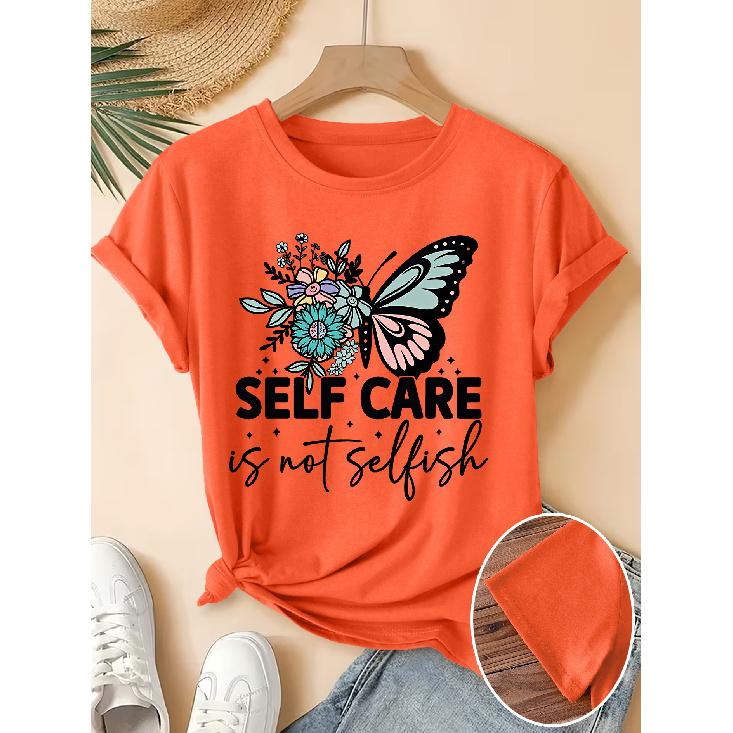 Elegant Women's Short-Sleeve Floral Butterfly Gift SELF CARE Letter print pattern retro round neck T Fresh and natural style loose-fitting shirt