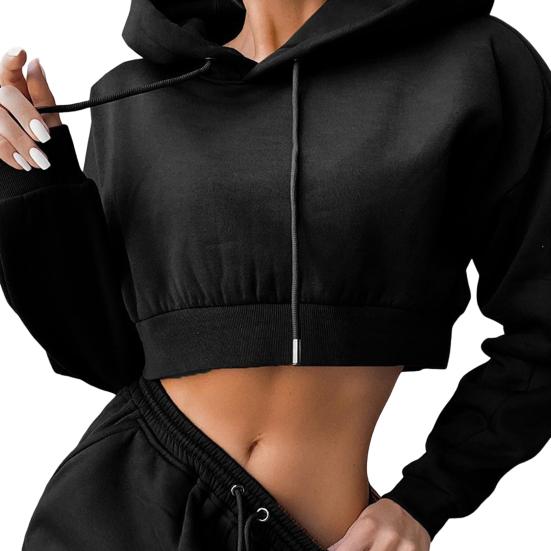 2 Pcs/Set Women Fall Hoodie Pants Set Long Sleeve Thick Hooded Short Top Drawstring Elastic Waist