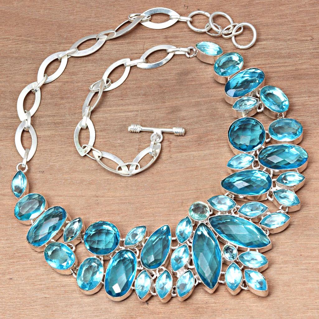 Necklace Swiss Blue Quartz Gemstone Handmade Ethnic Silver Jewelry 18-20''