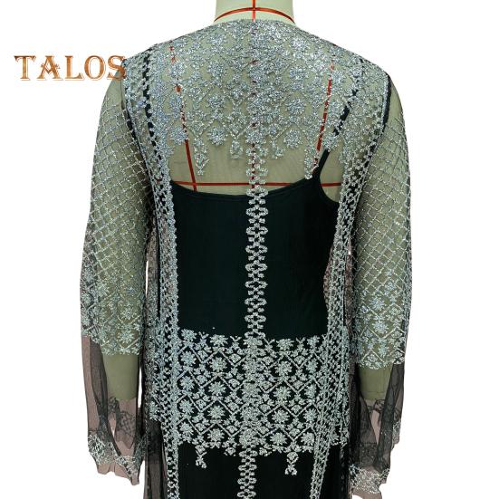 2 Pcs/Set Women Evening Dress Big Swing Shiny Bronzed Cardigan Slip Dress Set See-through Mesh Long Sleeve Coat Cocktail Events Special Occasions