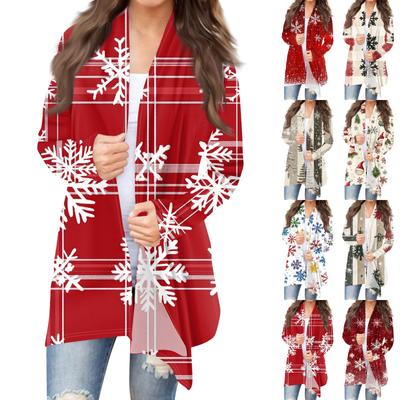 Женская мода повседневная рождественская печать средней длины кардиган куртка пальто