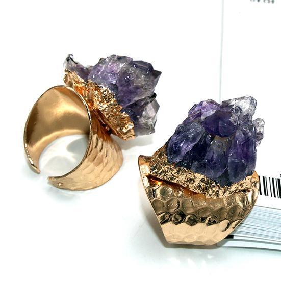 Retro Adjustable Open Band Natural Amethyst Finger Ring Jewelry Accessory Gift