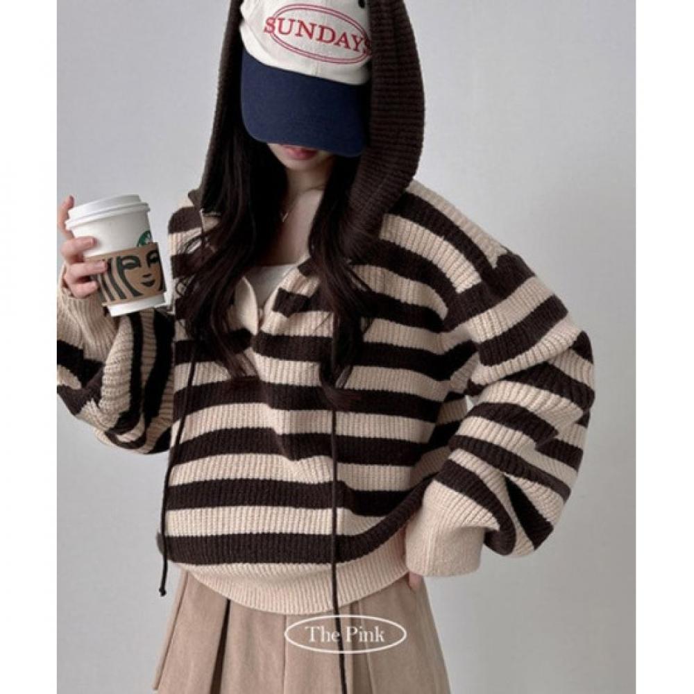 The Pink Oversized Stripe Hand Warmer Hoodie Knit