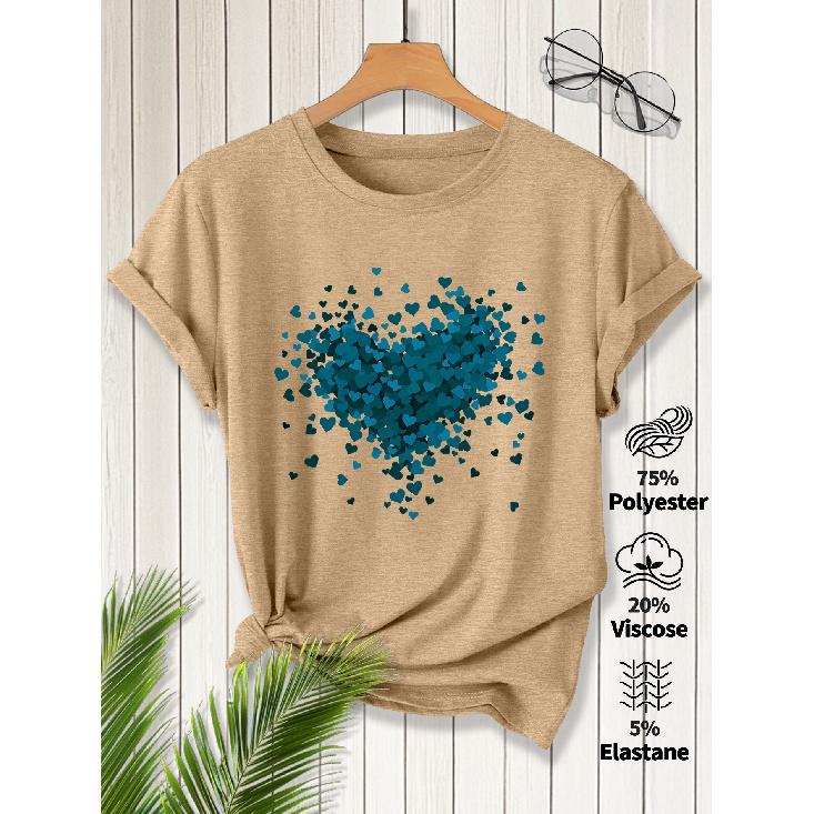 Elegant short-sleeved dress for women Heart-printed round neck T Shirt Suitable for spring wear Summer fashion comfortable soft breathable new