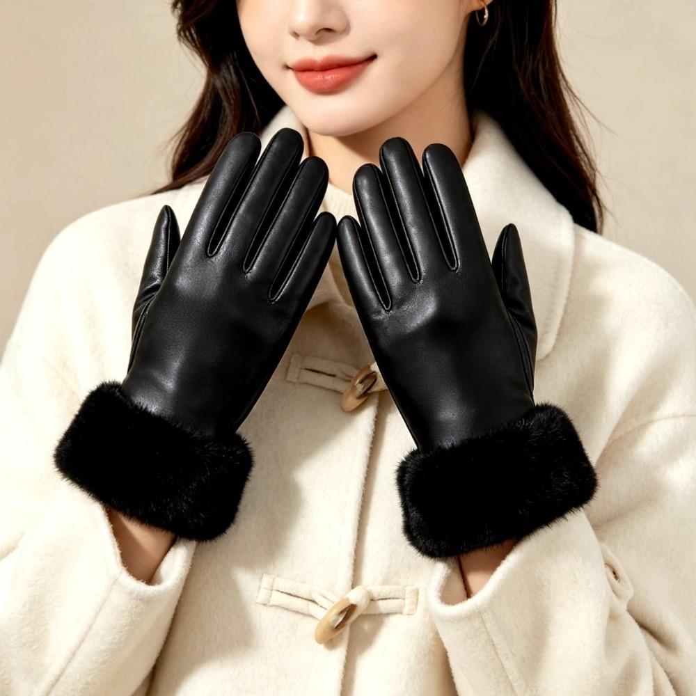 Fluffy Winter PU Leather Gloves Faux Fur Trim Cycling Windproof Gloves Women