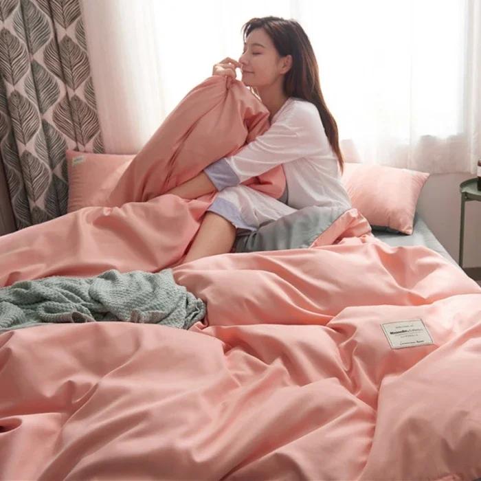 2024 new solid color double polished bed four-piece set Japanese bed sheet quilt cover mattress student kit multi-specification