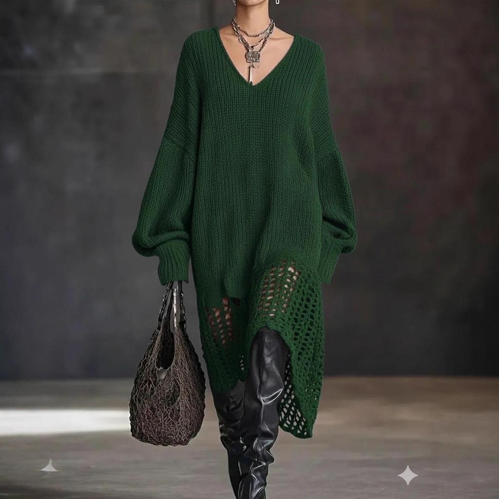 Европейское и американское вязаное платье с V-образным вырезом, неровным подолом и ажурным дизайном