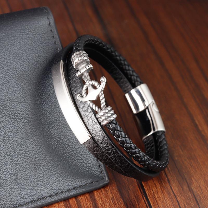 Men's Multi-layer Leather Bracelet Hip Hop Punk Boat Anchor Titanium Steel Bracelet Street Hipster Jewelry Accessories