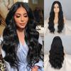 Women Long Wavy Natural Black Lace Front Wig Without Bangs Synthetic Fiber Water Wave Daily Wear Cosplay Wig
