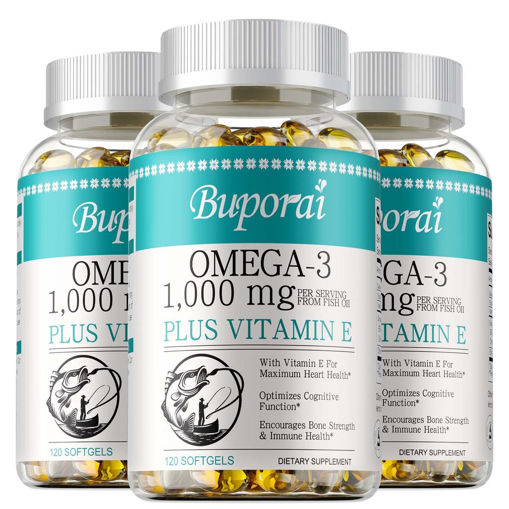 Omega-3 Deep Sea Fish Oil Softgels, containing natural Vitamin E, EPA, DHA, 1000mg, antioxidant, and immune-boosting.