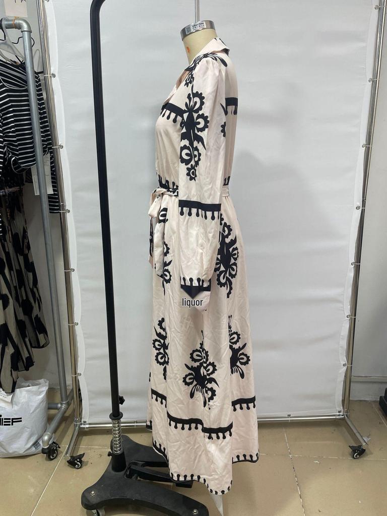 Elegant European and American Cross-Border Autumn/Winter 2024 Print Bandage Dress