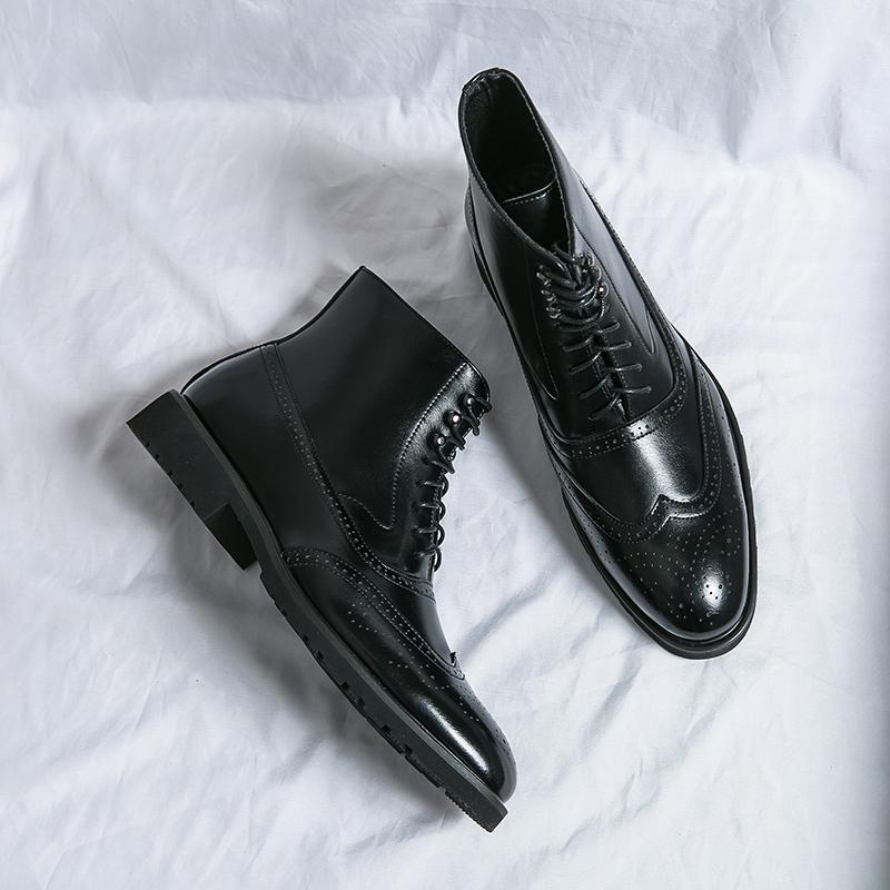 Classic Pointed Leather Boots for Men Lace Up Oxfords Low-heel Dress Boots for Men High Top Formal Shoe Men Ankle Boots