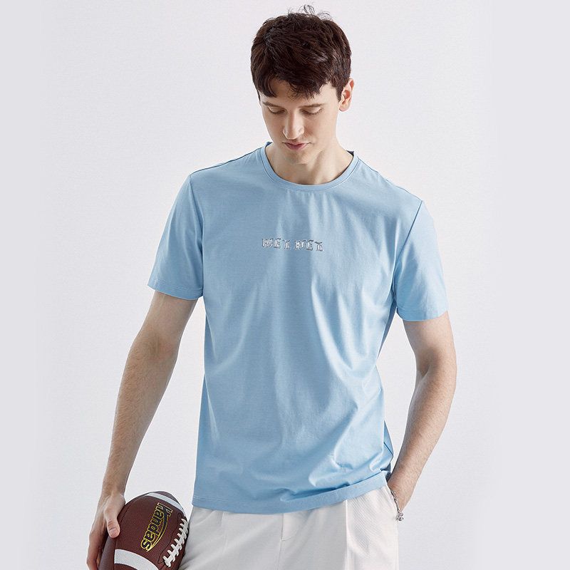 [Pure Cotton] Thousand Paper Cranes Men's Short-Sleeved T-Shirt for Men, Summer 2024, Light Blue, Loose Round Neck Base Shirt 21688