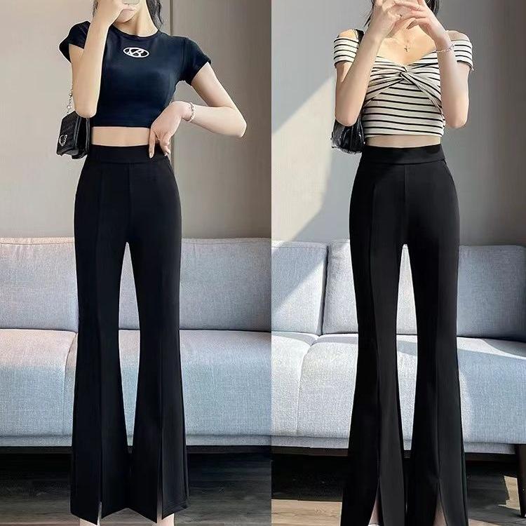 High Waist Black Slimming Flare Pants - Petite Women's Elastic Casual Trousers with Cuffs for Spring & Autumn