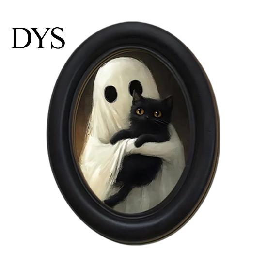 Oval Wood Picture Frame Halloween Gothic Wooden Hanging Plaque, Vintage Black Cat Ghost Wall Sweet Cool Sign Sign, Retro Waterproof Decorative Art for