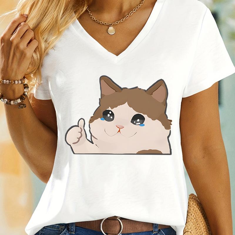 Cry Cat Meme Kawaii Cartoon Tshirt Women Vneck Funny Animals Design Girls Clothing Crying Cat Print Fashion Casual Tshirts