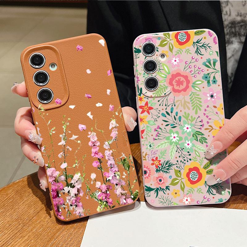 Чехол с цветочным узором для Samsung S26 S25 Ultra S24 FE S23 Plus S22 S21 A15 A16 A17 A35 A36 A37 A54 A55 A56 A57 5G Мягкая крышка с текстурой кожи