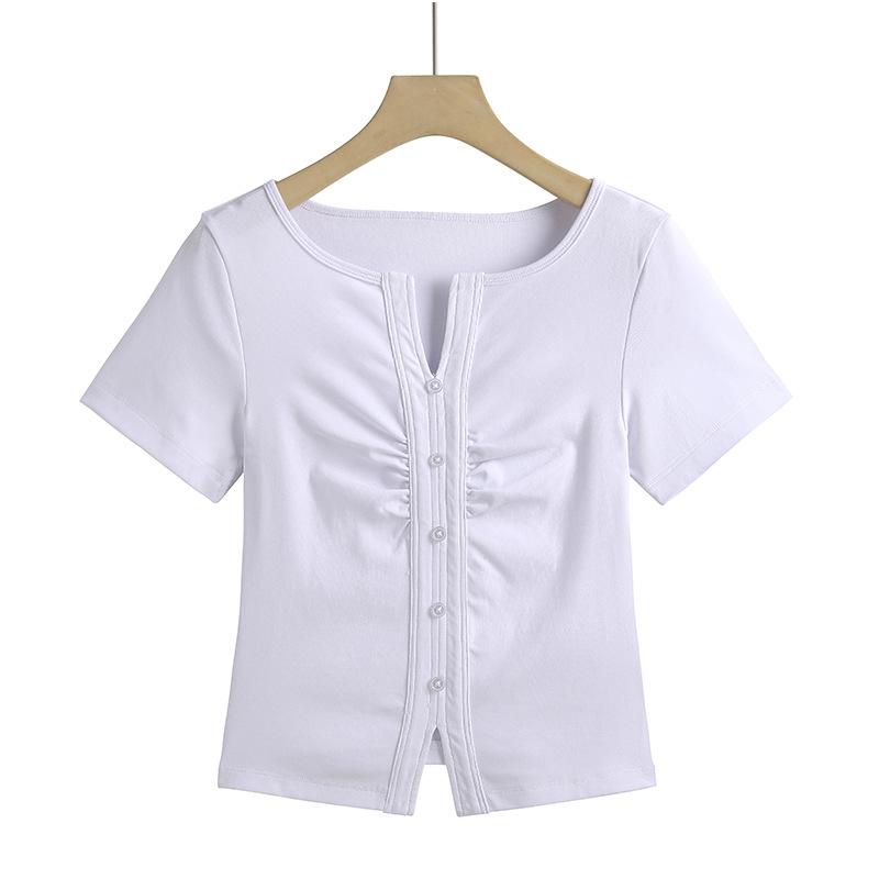 Высококачественная плиссированная короткая футболка с v-образным вырезом на пуговицах и высокой талией. Модная и универсальная женская футболка с короткими рукавами в корейском стиле.