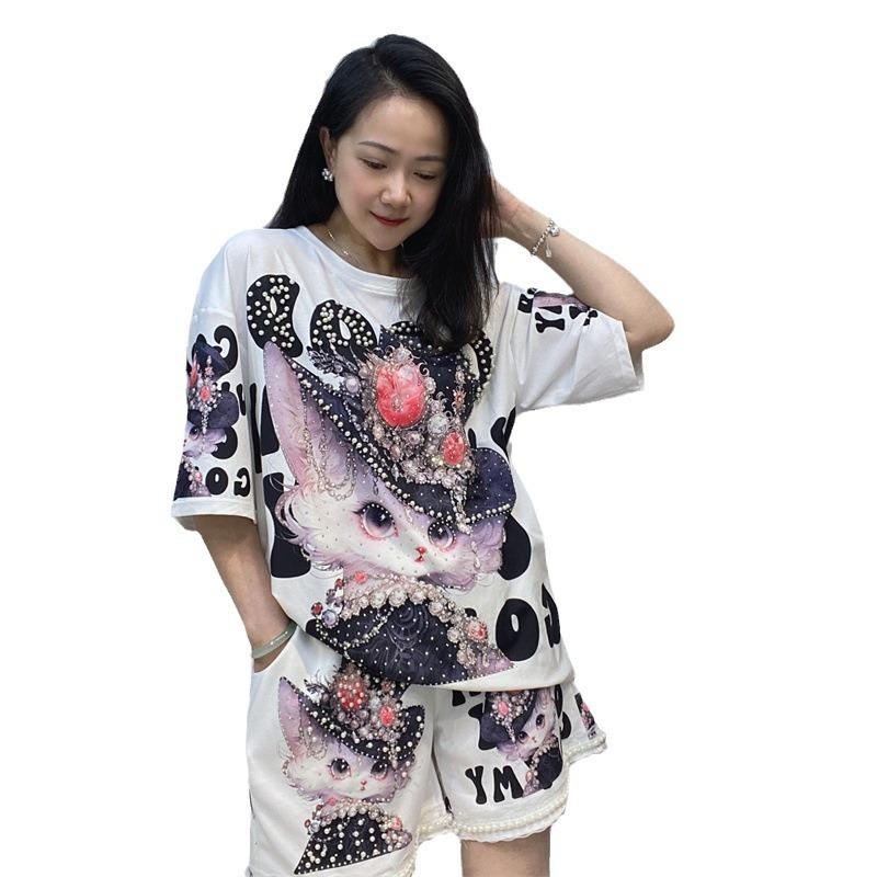 Летний женский комплект из футболки с бисером, большого размера, с 3D-принтом, с короткими рукавами и шортами