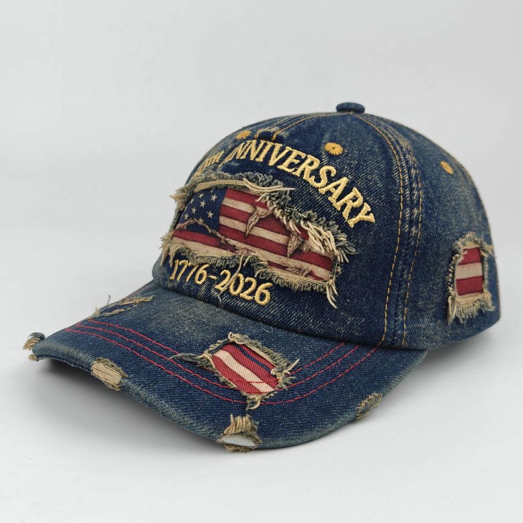 Anniversary USA Flag Distressed Baseball Cap, Vintage Washed Ripped Patriotic Dad Hat for Men Women, Retro American Flag Trucker Hat for 4th of July