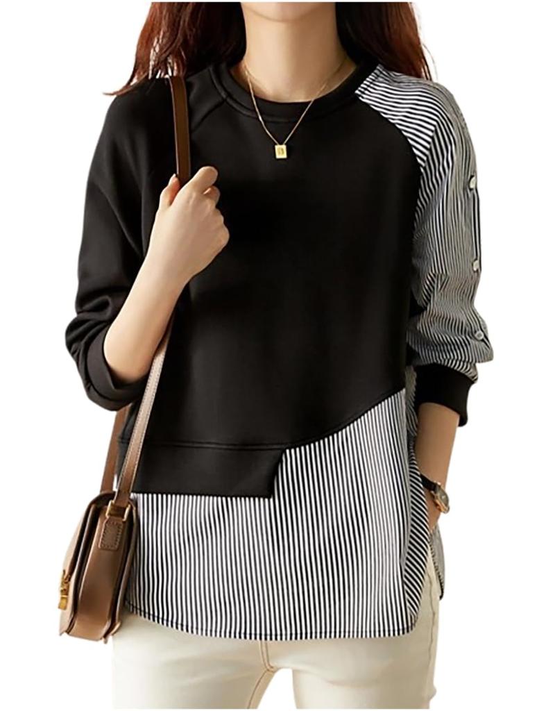 MRLuse Striped Docking Layered Style Mixed Cute Layered Striped Round Perfect for Working from Remote Women's Shirt, Top, Lightweight, Spring, Summer,