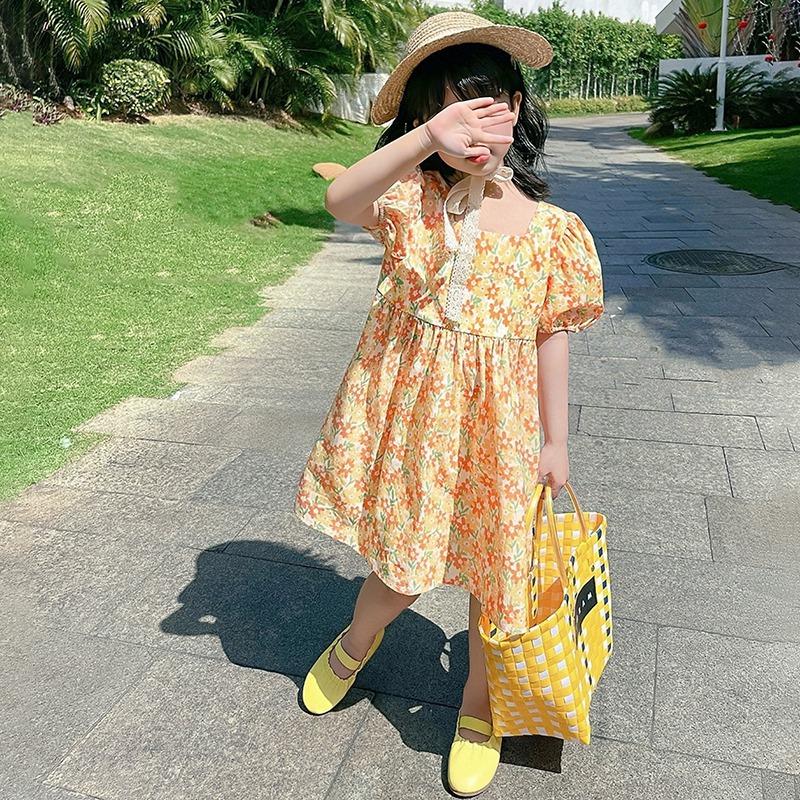 Летнее платье с открытой спиной и цветочным принтом для маленьких девочек, детское милое платье принцессы, платье с объемными рукавами