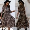 Женское платье с леопардовым принтом Весна Длинный рукав Лацкан Шнуровка На пуговицах Свободное Повседневное Сексуальное платье Женское Летнее Элегантное А-силуэт Офисное Женское Длинные платья
