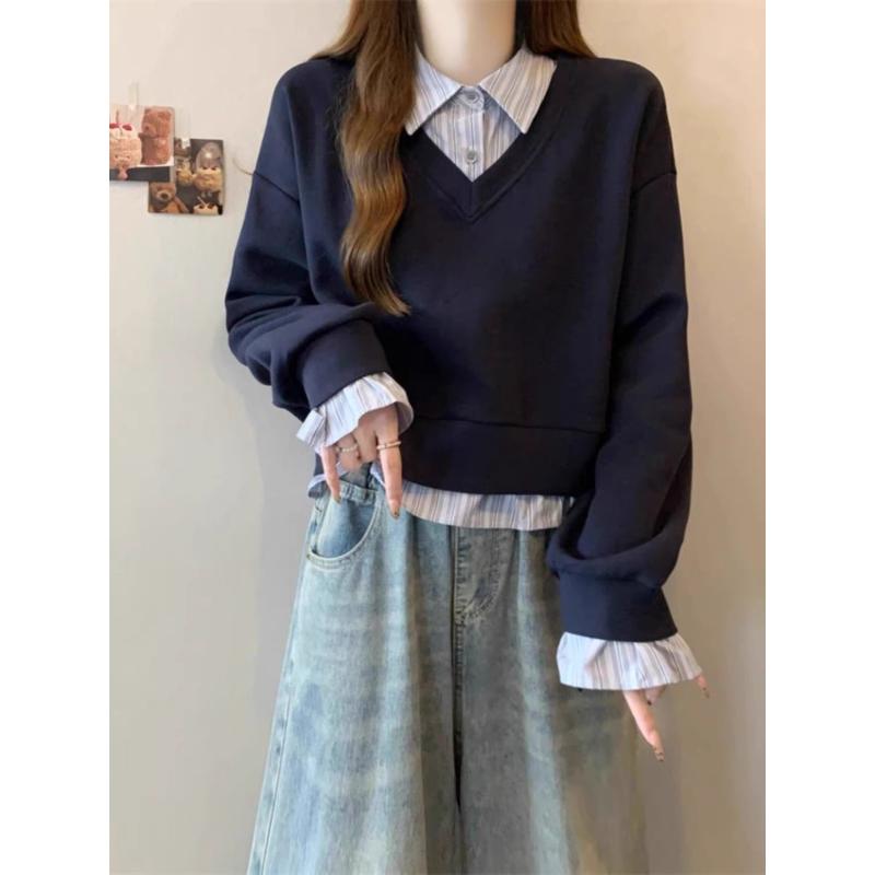 Полосатая рубашка с воротником поло Темно-синий свитшот с длинным рукавом для женщин Топы из двух частей на осень-зиму