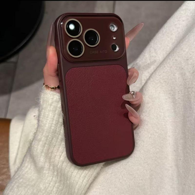 Противоударный чехол с текстурой кожи для iPhone 14/15/16/17 Pro Max - Однотонный дизайн.
