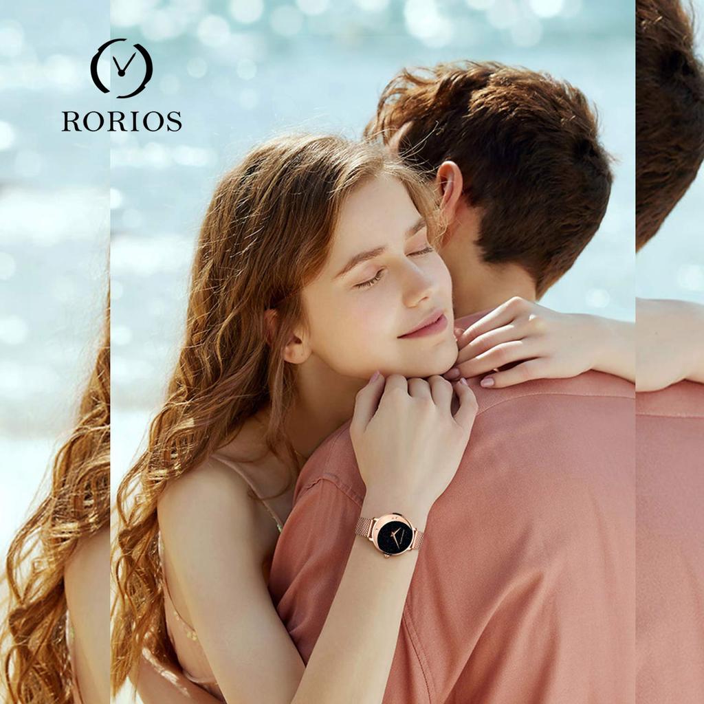 RORIOS Water Made In Starry Sky Sparkling Mesh Quartz Perfect for Commuting To Work or Rose Gold Women's Watch, Resistant, Japan, Dial, Band,