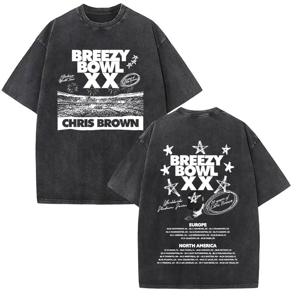 Футболка Chris Brown Breezy Футболка Breezy Bowl Тур XX Винтажные стираные футболки Мужская мода Хип-хоп Футболка с коротким рукавом Уличная мода