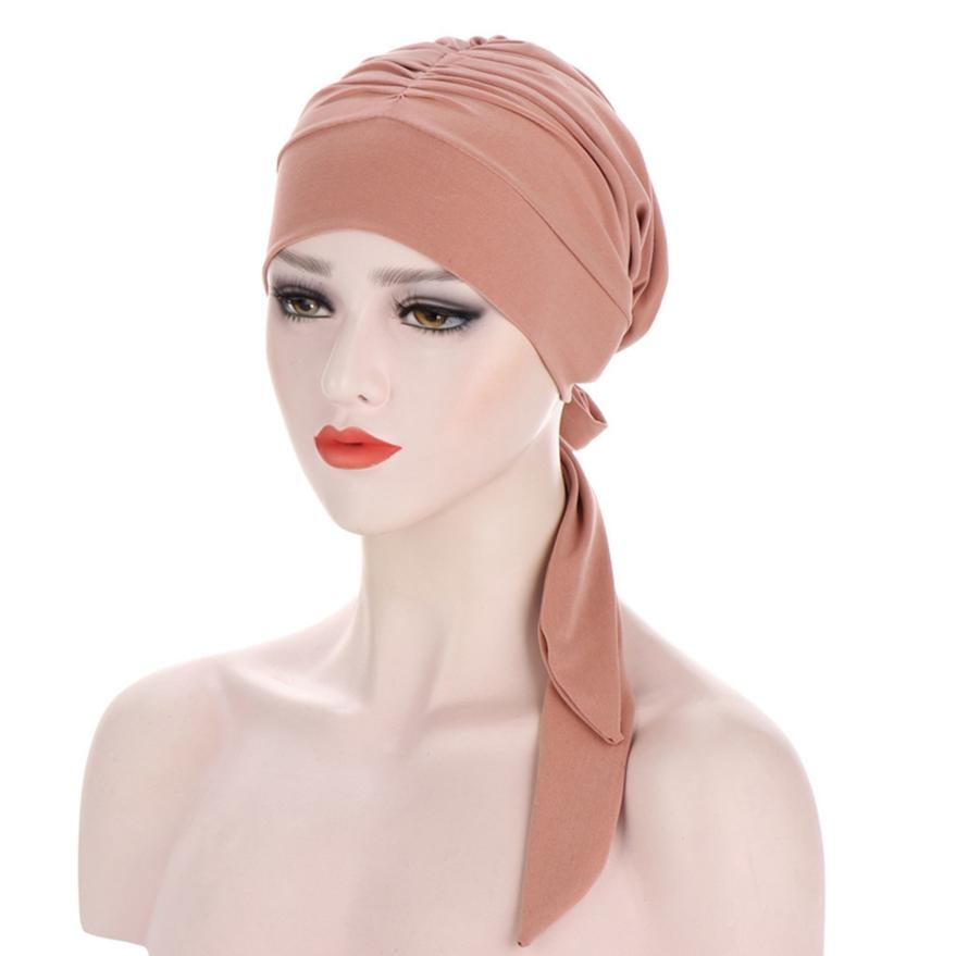 Stretch Fashion Muslim Headwrap Crystal Hemp Long Tail Bow Turban Hat Chemo Cap