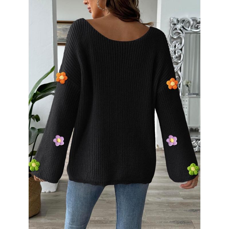 Женский свитер с цветочным узором, связанный вручную крючком, с простым свободным однотонным вырезом и расклешенными рукавами, открытыми плечами