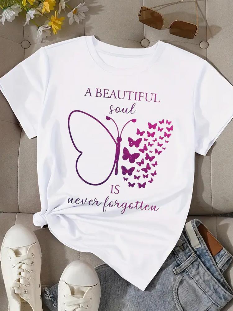 (Asian Size) Flower Cute Butterfly Print Fashion Female Tee Top Women Clothing T Shirt Woman Short Sleeve Graphic T-shirts