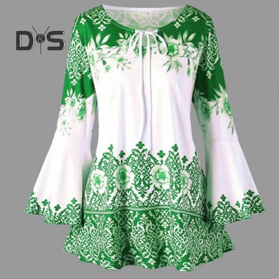 Женский топ с цветочным принтом, рукавами с рогами, трапециевидной формы, свободный подол, зашнуровать шею, облегающий крой, узкая талия, контрастный цвет, женская весенне-осенняя блузка, топ