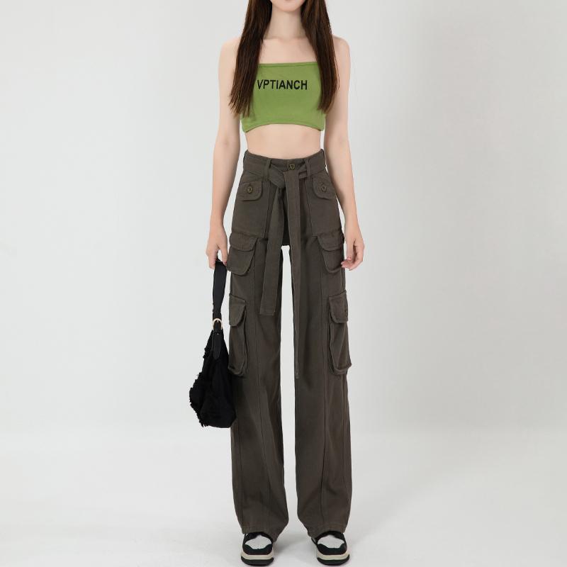 Лето 2022 г., прямые повседневные брюки с высокой талией и широкими штанинами в стиле ретро, ​​брюки-карго, бандажные однотонные карманы, уличная одежда, свободный Харадзюку