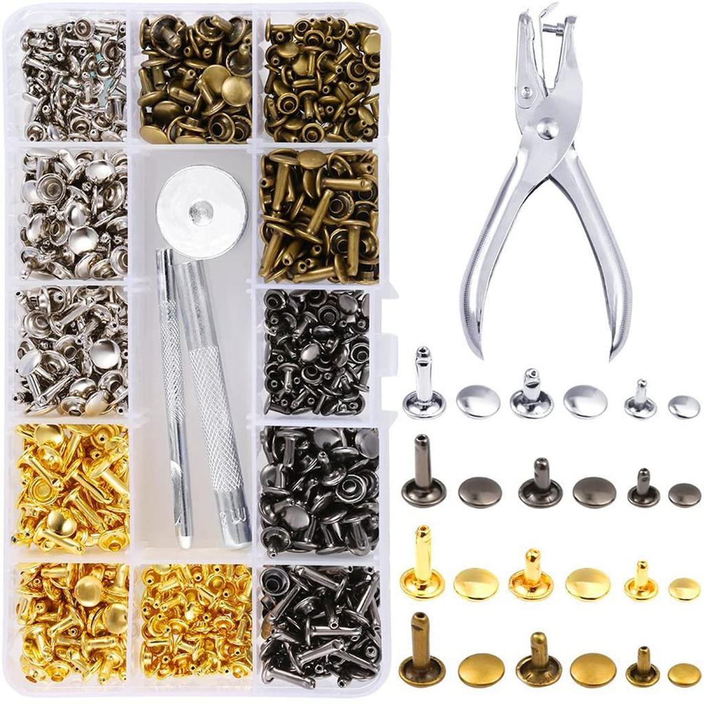 360 Sets 3 Sizes Leather Rivets Double Cap Rivet Tubular Metal Studs with 4 Fixing Set Tools for