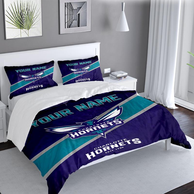 Custom Name 3PCS Charlotte-Hornets Logo Bedding Set,Including Duvet Cover And 2pcs Pillowcases Perfect for Bedroom,Dormitory,Fan Christmas gift